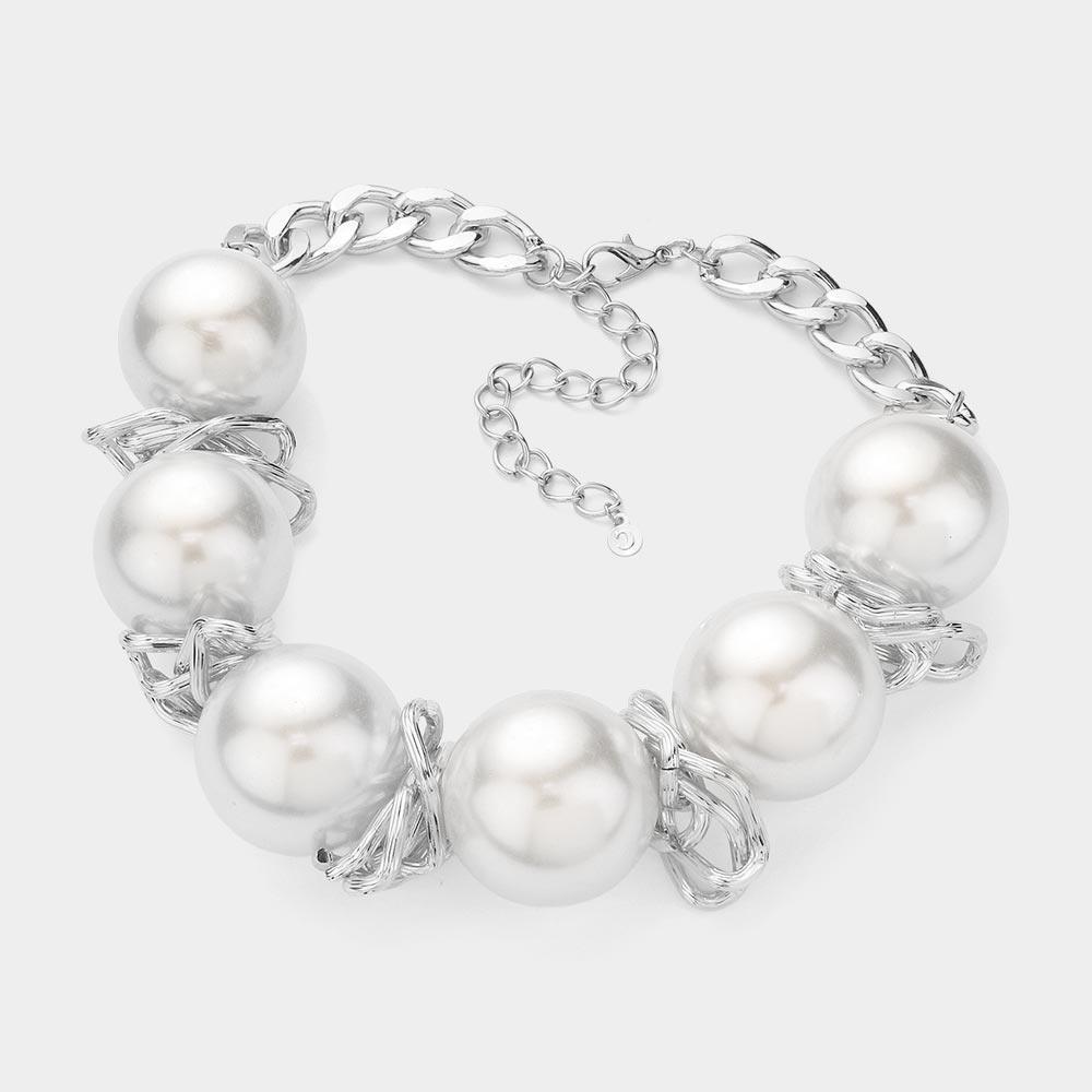 White Chunky Pearl Abstract Metal Statement Necklace - Jewelry Store by Erik Rayo