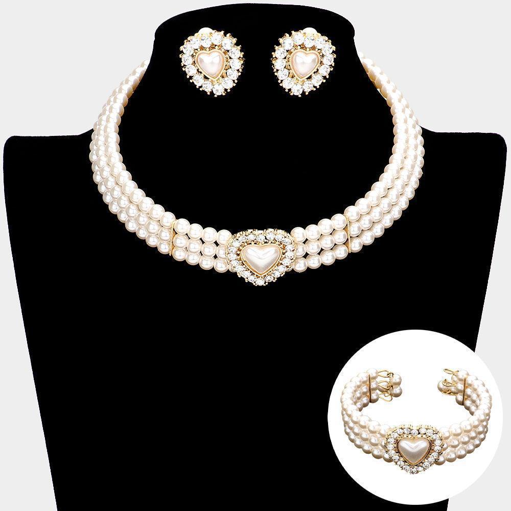 Cream 3 Piece Pearl Heart Pendant 3-Row Choker Necklace Jewelry Set - Jewelry Store by Erik Rayo