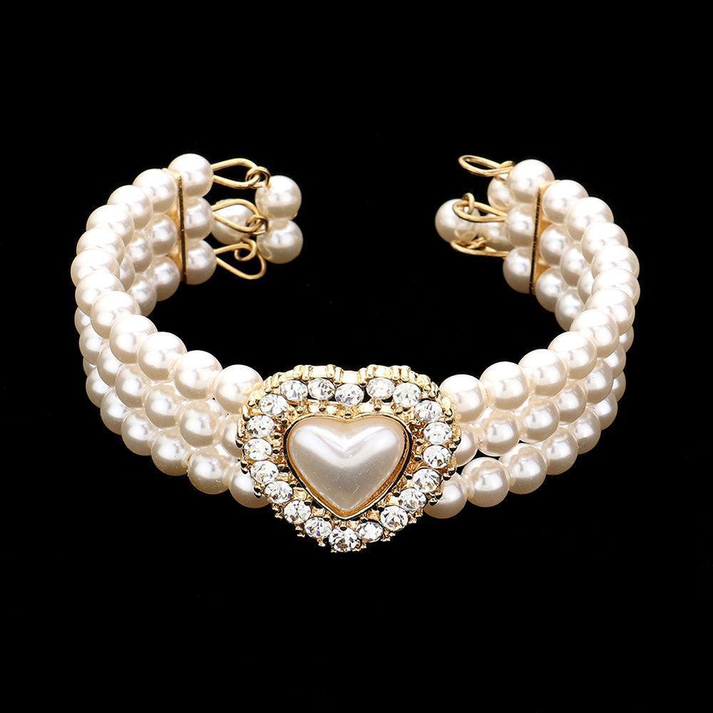 Cream 3 Piece Pearl Heart Pendant 3-Row Choker Necklace Jewelry Set - Jewelry Store by Erik Rayo