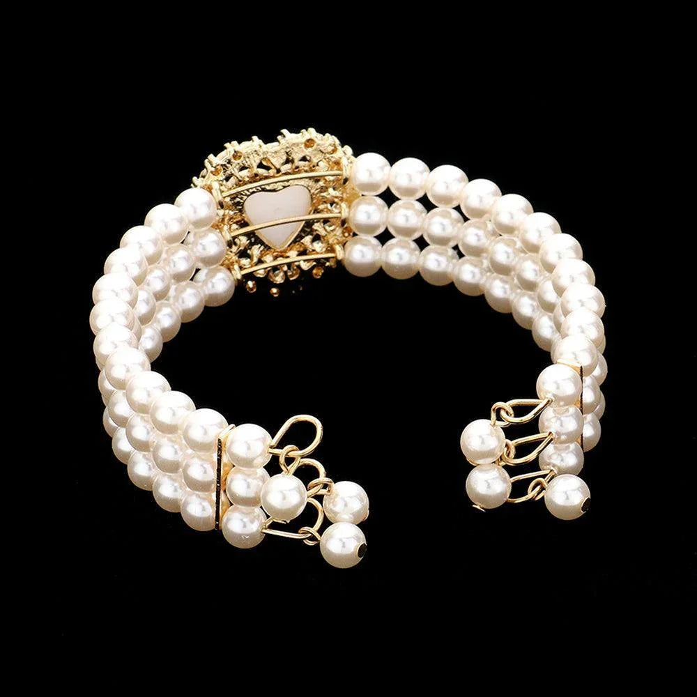 Cream 3 Piece Pearl Heart Pendant 3-Row Choker Necklace Jewelry Set - Jewelry Store by Erik Rayo