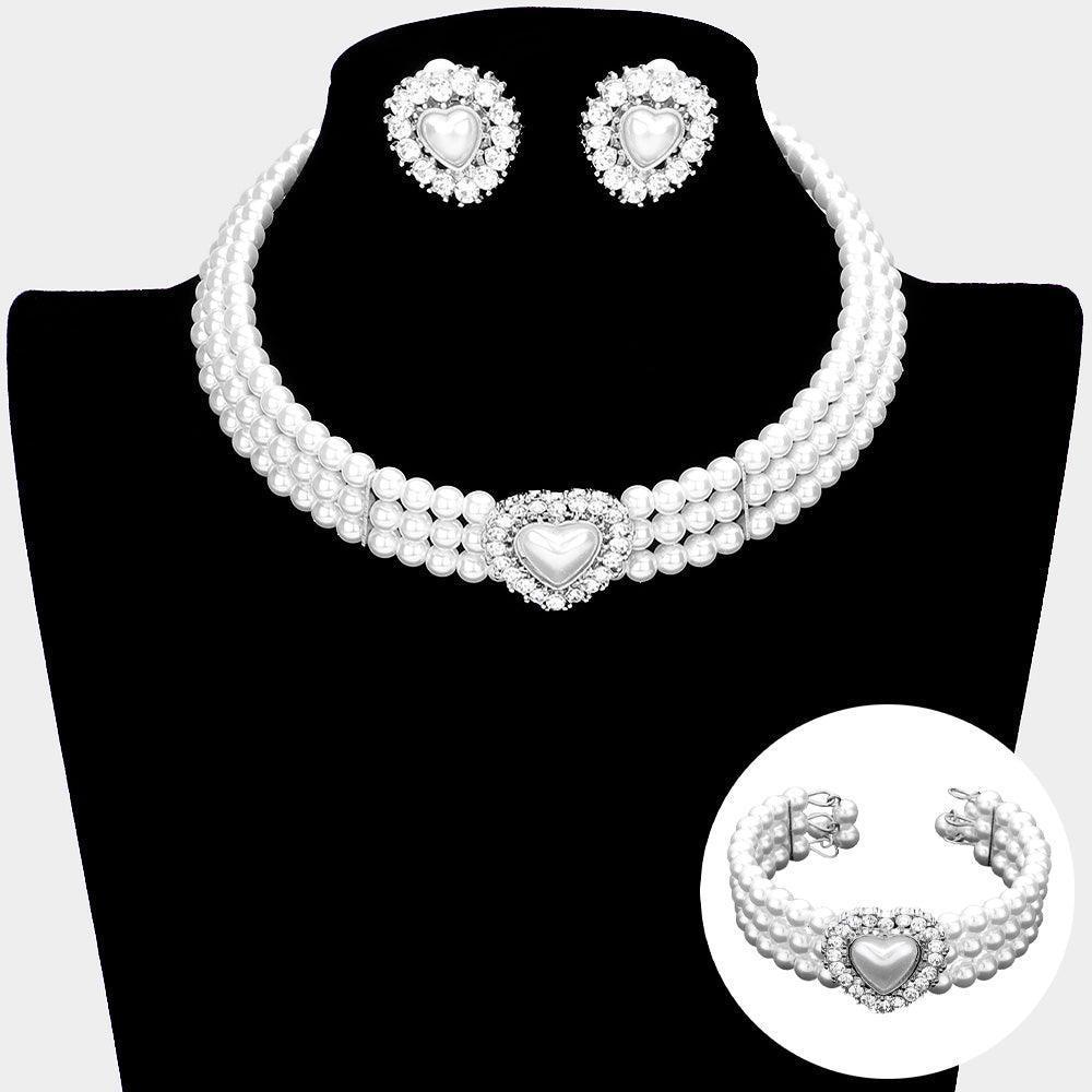 White 3 Piece Pearl Heart Pendant 3-Row Choker Necklace Jewelry Set - Jewelry Store by Erik Rayo