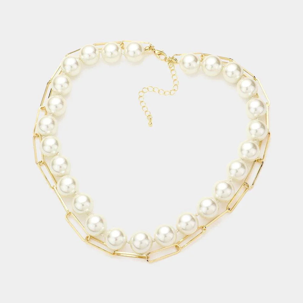 Cream Pearl Station Metal Paper Clip Chain Layered Necklace - Jewelry Store by Erik Rayo