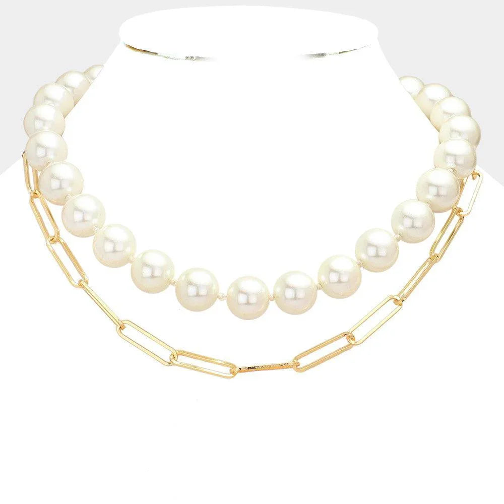 Cream Pearl Station Metal Paper Clip Chain Layered Necklace - Jewelry Store by Erik Rayo
