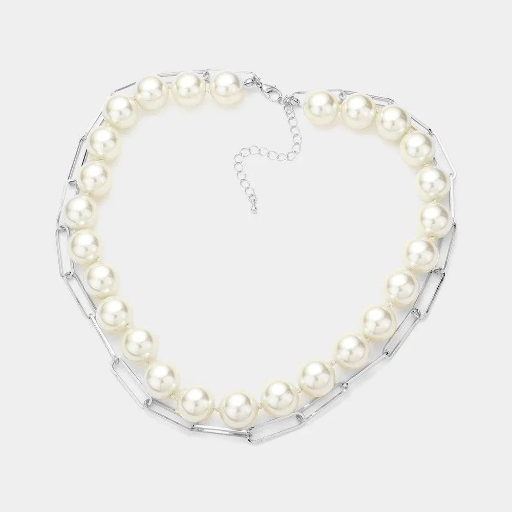 Cream Pearl Station Metal Paper Clip Chain Layered Necklace - Jewelry Store by Erik Rayo