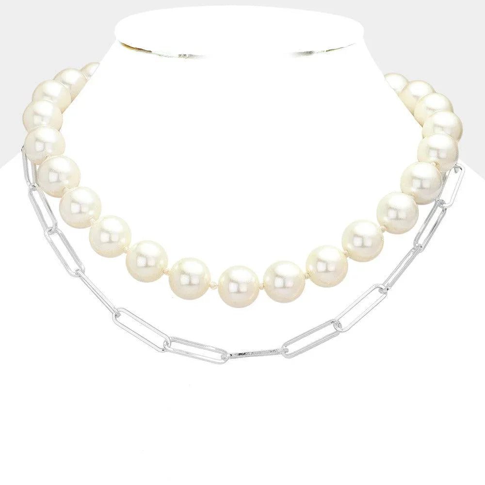 Cream Pearl Station Metal Paper Clip Chain Layered Necklace - Jewelry Store by Erik Rayo
