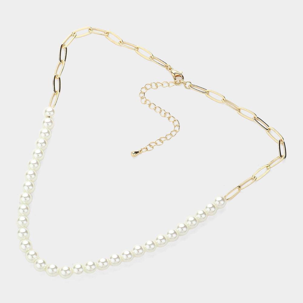 Cream Pearl Beaded Paper Clip Chain Necklace - Jewelry Store by Erik Rayo