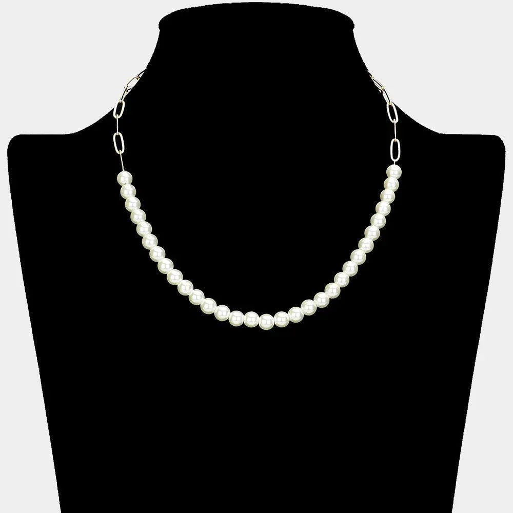 Cream Pearl Beaded Paper Clip Chain Necklace - Jewelry Store by Erik Rayo