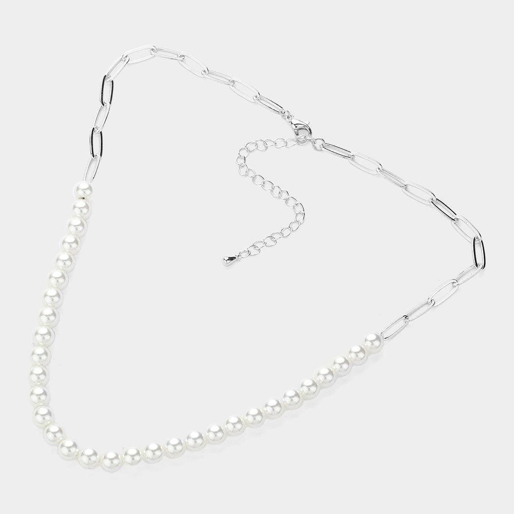 Cream Pearl Beaded Paper Clip Chain Necklace - Jewelry Store by Erik Rayo