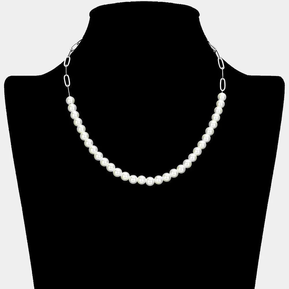 Cream Pearl Beaded Paper Clip Chain Necklace - Jewelry Store by Erik Rayo