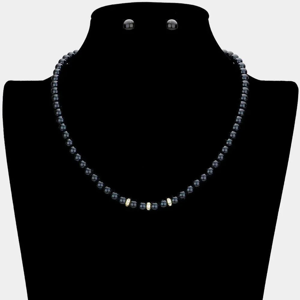 Black Triple Rhinestone Ring Pointed Pearl Necklace - Jewelry Store by Erik Rayo