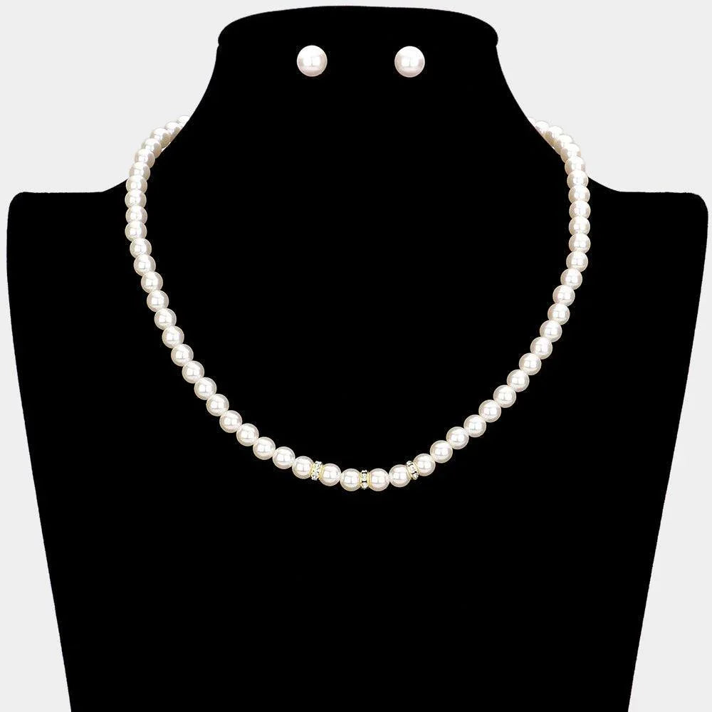 Cream Triple Rhinestone Ring Pointed Pearl Necklace - Jewelry Store by Erik Rayo