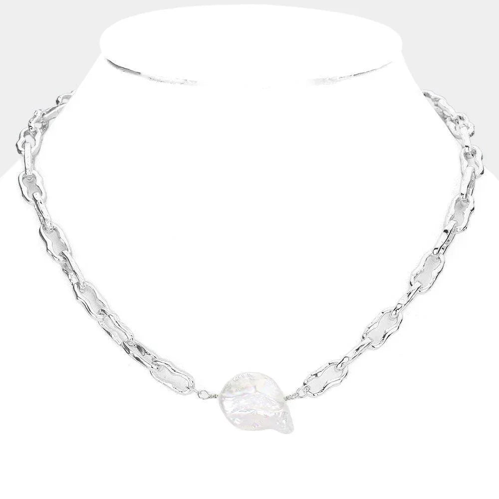 Silver Pearl Accented Open Metal Link Necklace - Jewelry Store by Erik Rayo