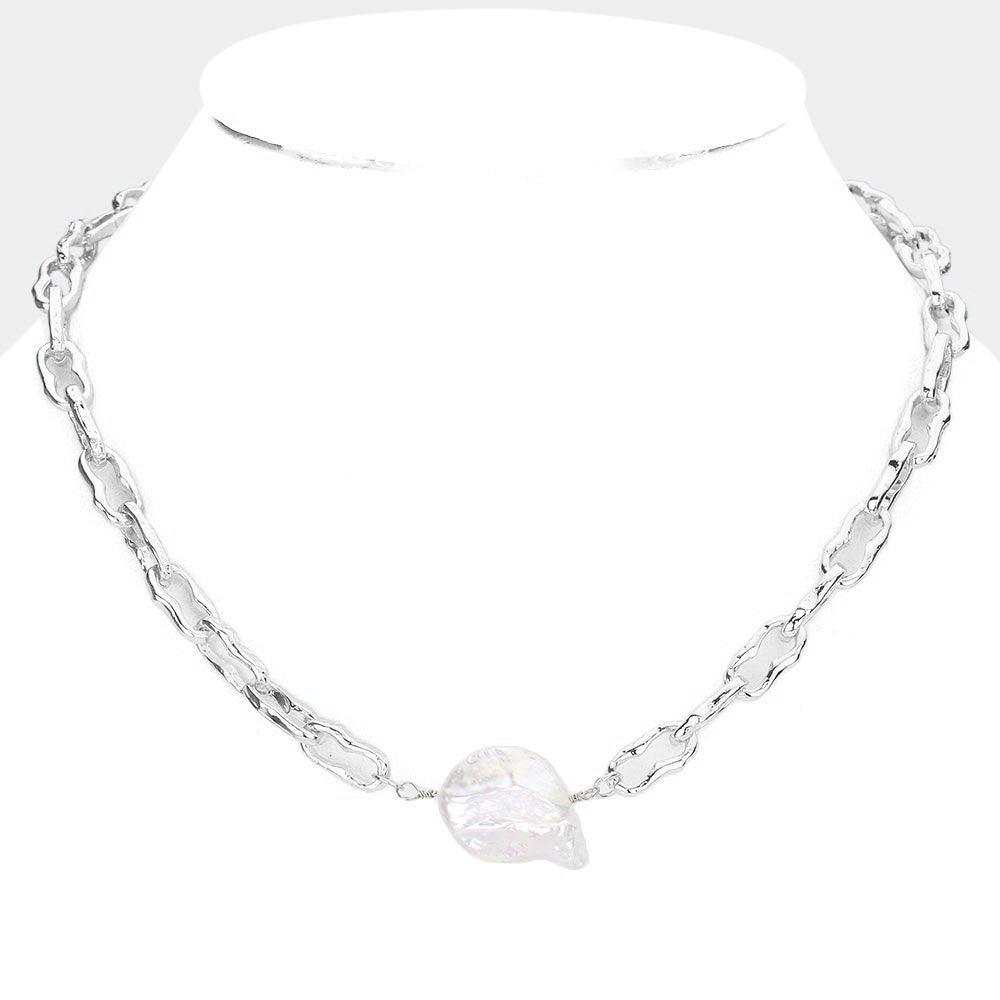 Silver Pearl Accented Open Metal Link Necklace