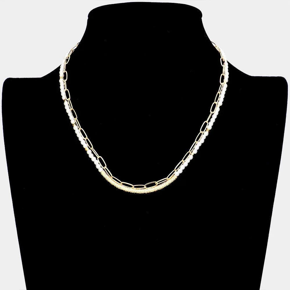 Gold Curved Metal Tube Accented Pearl Open Oval Link Double Layered Necklace - Jewelry Store by Erik Rayo