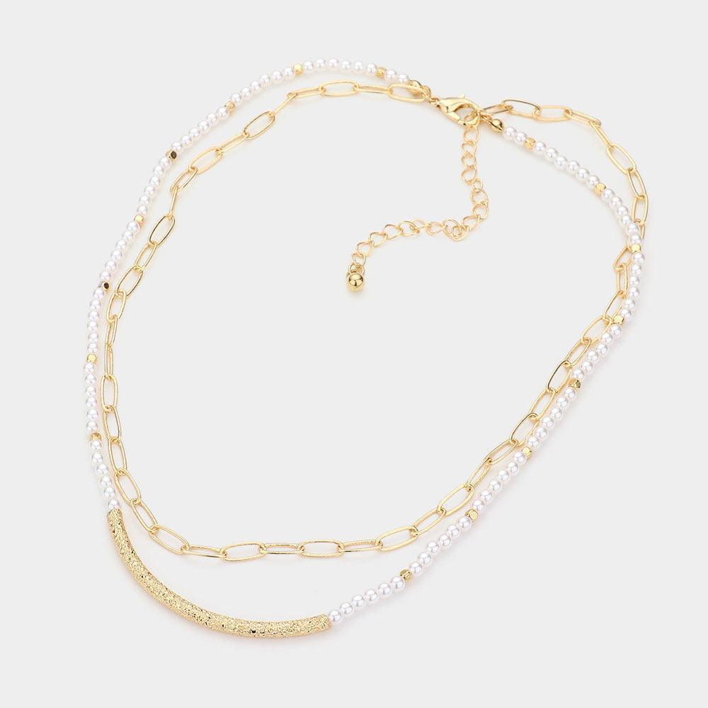 Gold Curved Metal Tube Accented Pearl Open Oval Link Double Layered Necklace - Jewelry Store by Erik Rayo