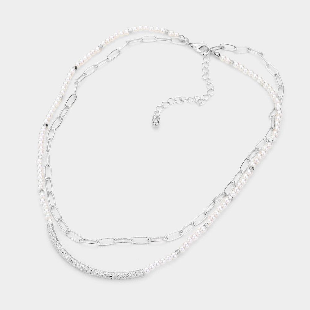 Silver Curved Metal Tube Accented Pearl Open Oval Link Double Layered Necklace - Jewelry Store by Erik Rayo