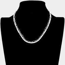 Load image into Gallery viewer, Silver Curved Metal Tube Accented Pearl Open Oval Link Double Layered Necklace
