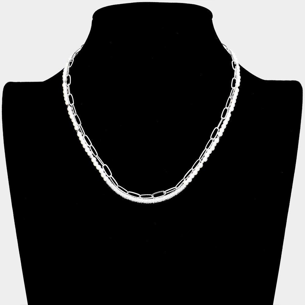 Silver Curved Metal Tube Accented Pearl Open Oval Link Double Layered Necklace