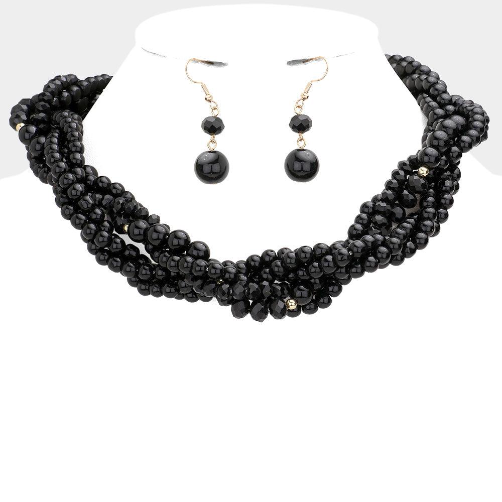 Black Braided Pearl Faceted Beaded Collar Necklace