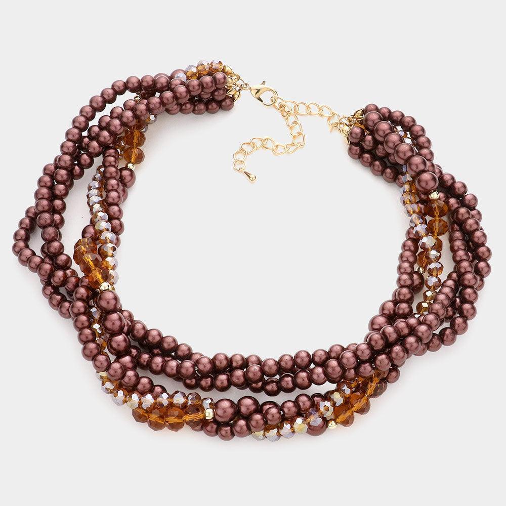 Brown Braided Pearl Faceted Beaded Collar Necklace - Jewelry Store by Erik Rayo