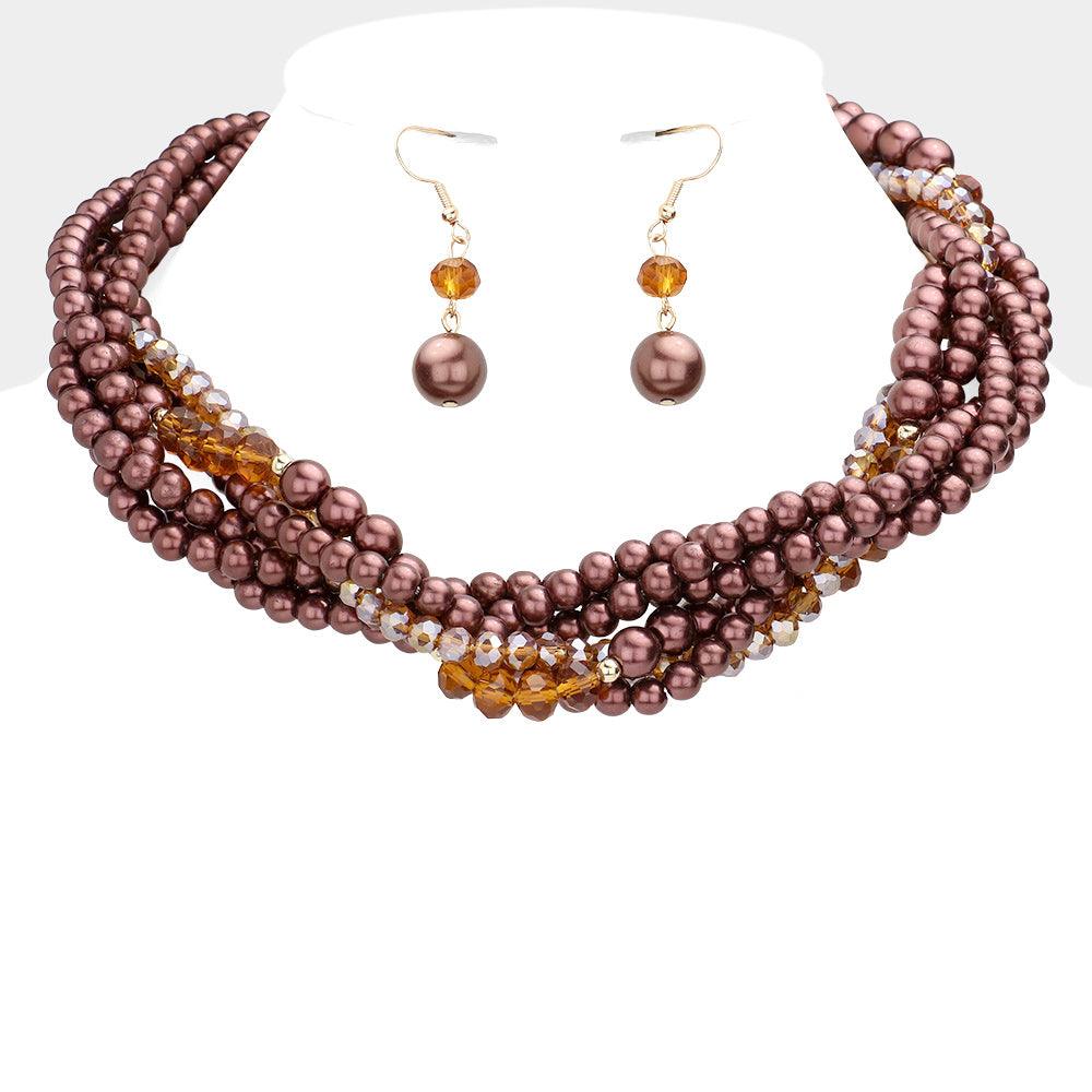 Brown Braided Pearl Faceted Beaded Collar Necklace