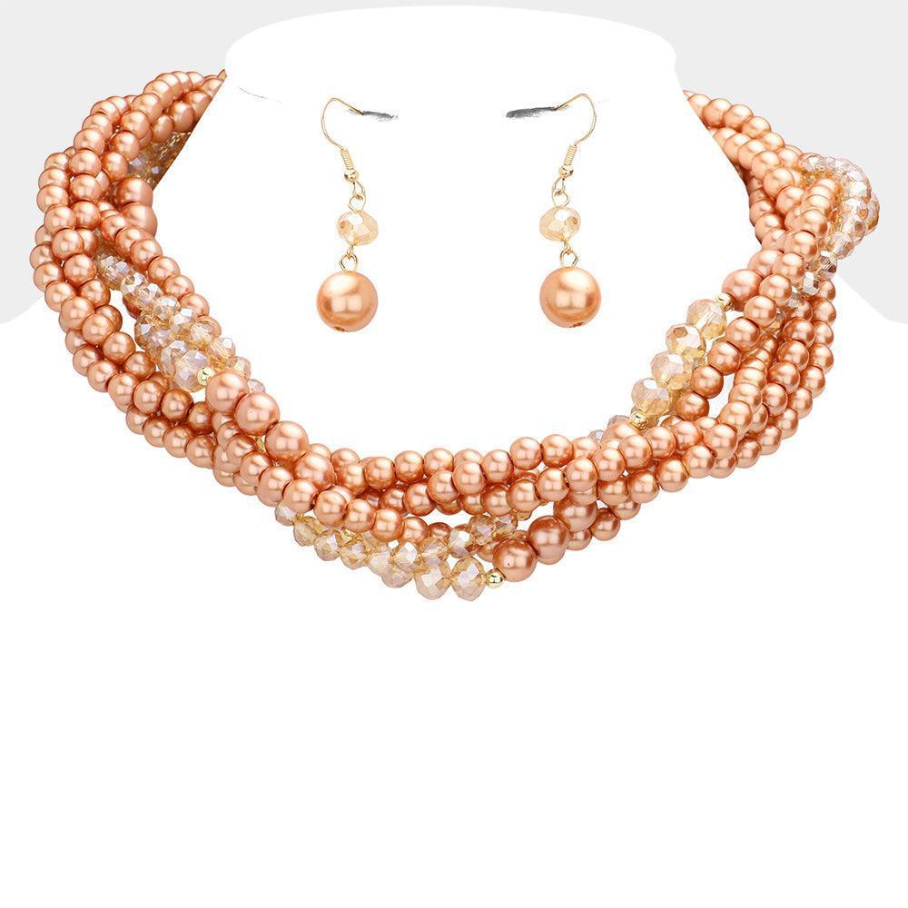 Brown Braided Pearl Faceted Beaded Collar Necklace - Jewelry Store by Erik Rayo