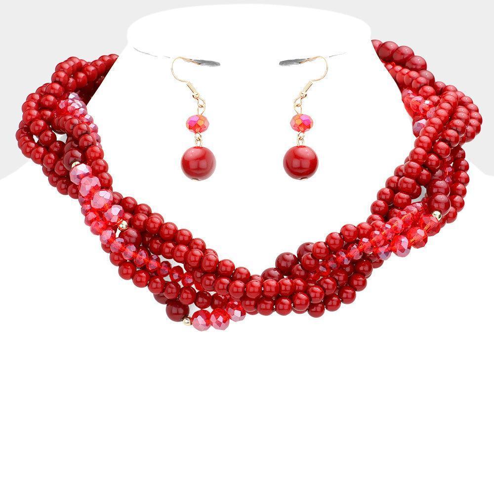 Red Braided Pearl Faceted Beaded Collar Necklace - Jewelry Store by Erik Rayo