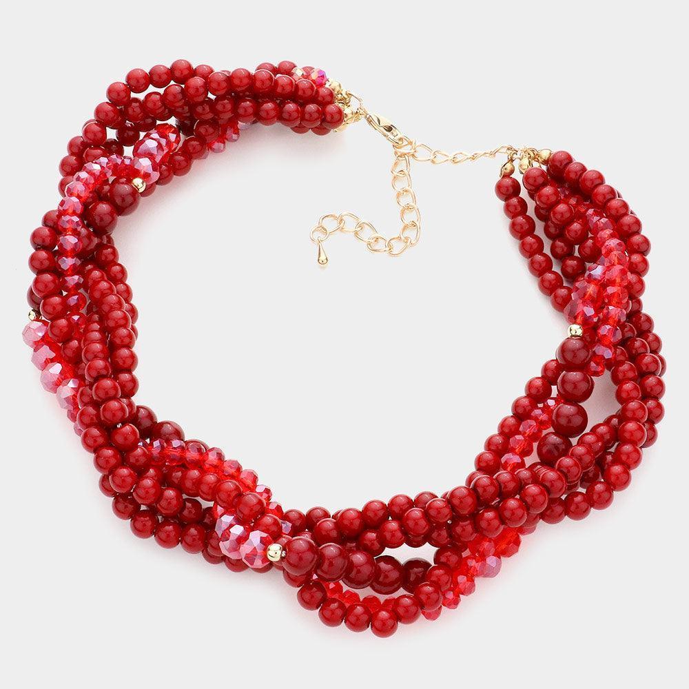 Red Braided Pearl Faceted Beaded Collar Necklace - Jewelry Store by Erik Rayo