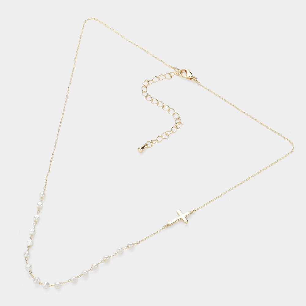 Cream Metal Cross Pointed Pearl Station Necklace - Jewelry Store by Erik Rayo