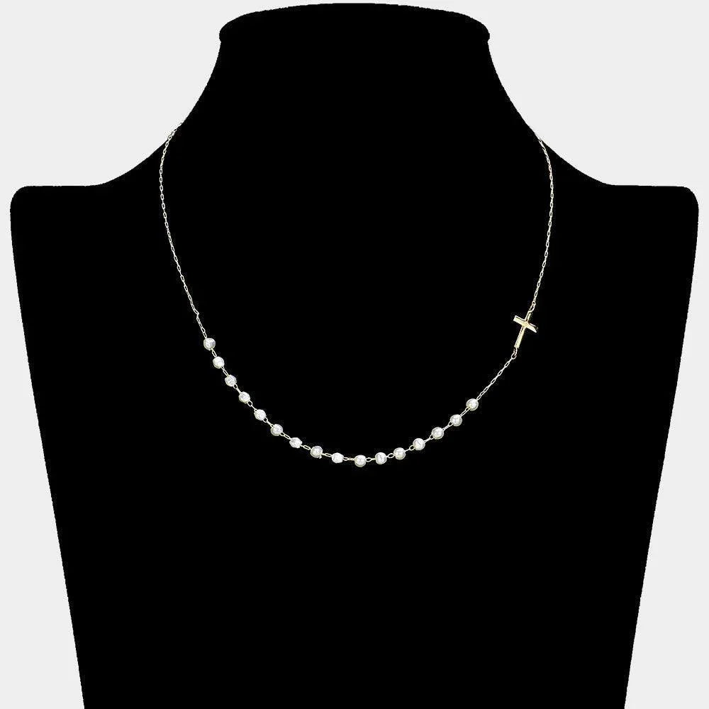 Cream Metal Cross Pointed Pearl Station Necklace - Jewelry Store by Erik Rayo