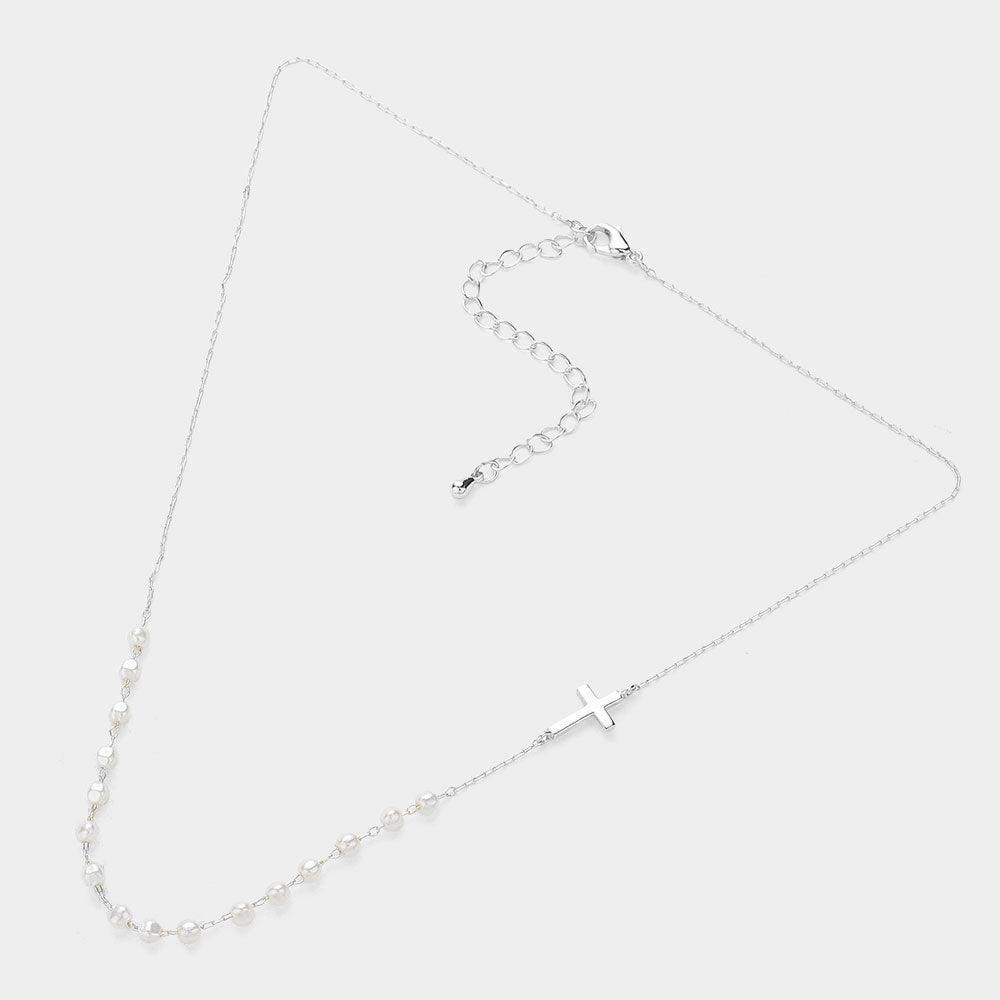 Cream Metal Cross Pointed Pearl Station Necklace - Jewelry Store by Erik Rayo