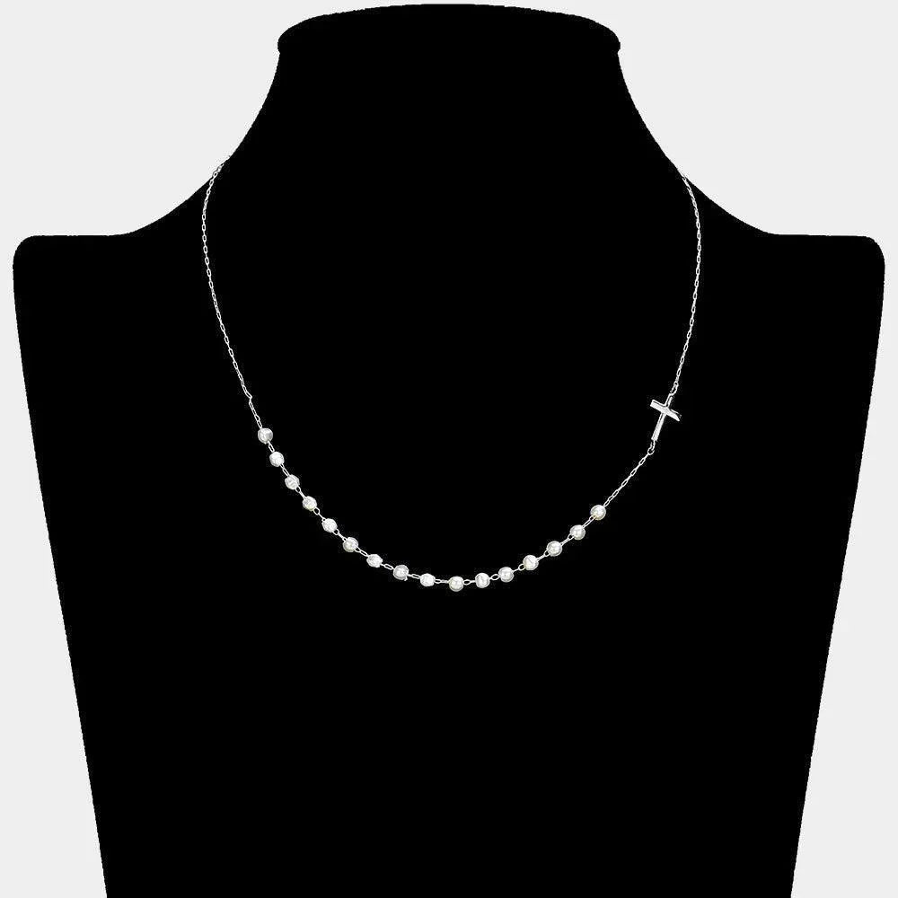 Cream Metal Cross Pointed Pearl Station Necklace - Jewelry Store by Erik Rayo