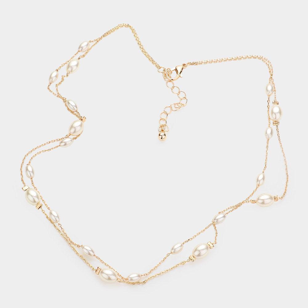 Gold Pearl Station Double Layered Necklace - Jewelry Store by Erik Rayo