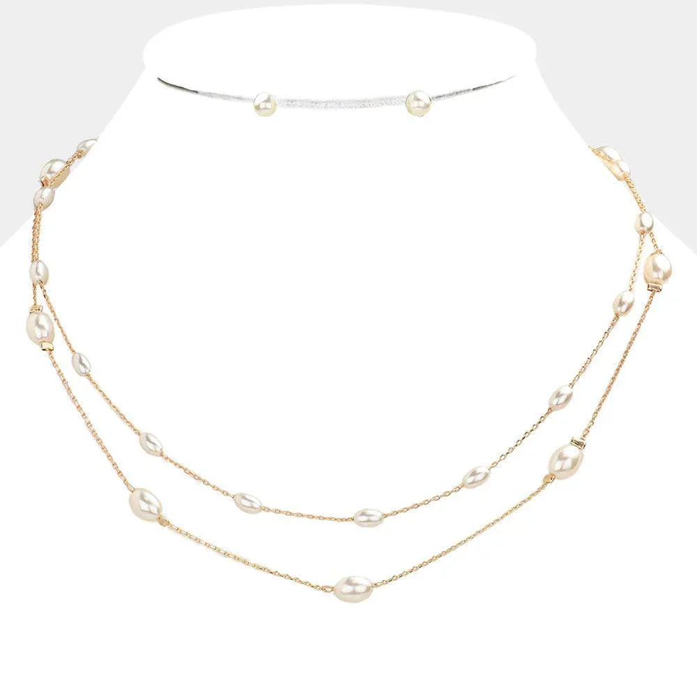 Gold Pearl Station Double Layered Necklace - Jewelry Store by Erik Rayo