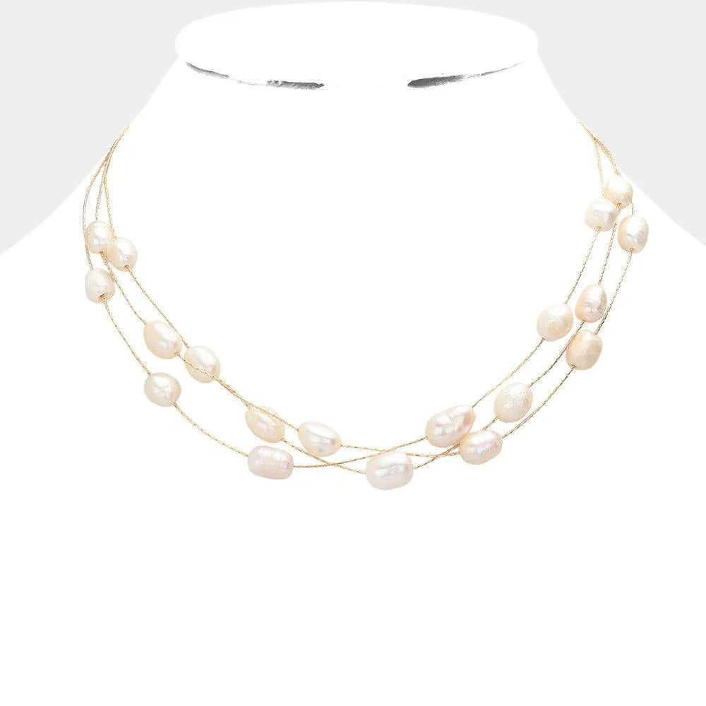 Gold Pearl Station Triple Layered Necklace - Jewelry Store by Erik Rayo