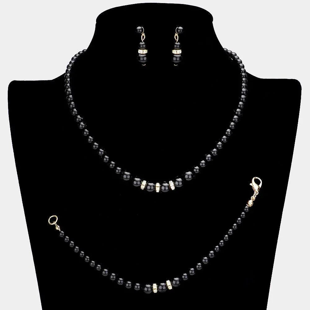 Black 3 Piece Crystal Detail Pearl Necklace Jewelry Set - Jewelry Store by Erik Rayo