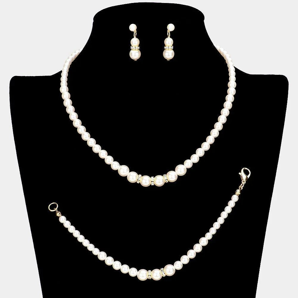 Cream 3 Piece Crystal Detail Pearl Necklace Jewelry Set - Jewelry Store by Erik Rayo