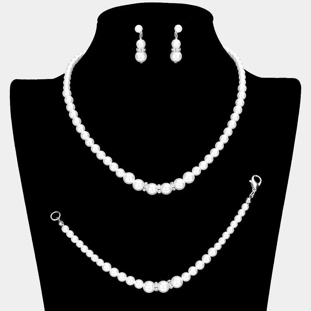 White 3 Piece Crystal Detail Pearl Necklace Jewelry Set - Jewelry Store by Erik Rayo
