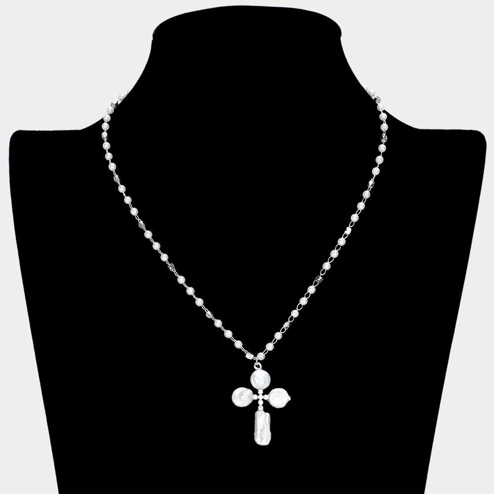 White Mother Of Pearl Cross Pendant Necklace