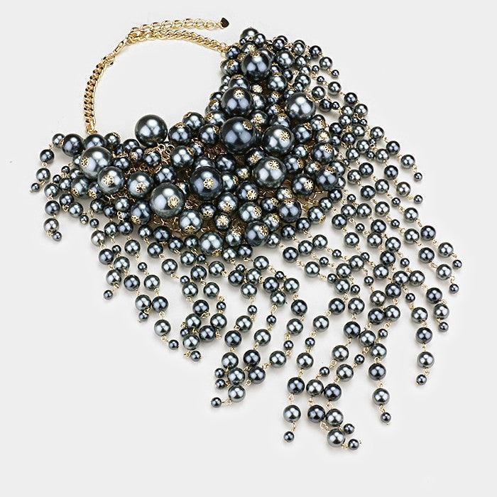 Gray Pearl strand fringe bib necklace - Jewelry Store by Erik Rayo