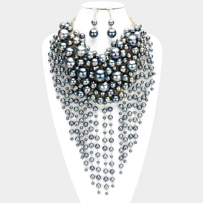Gray Pearl strand fringe bib necklace - Jewelry Store by Erik Rayo