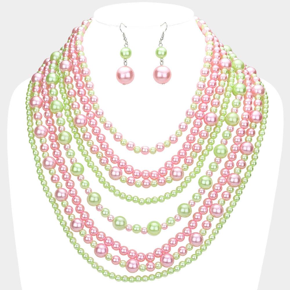 Pink Pearl Multi Strand Bib Necklace