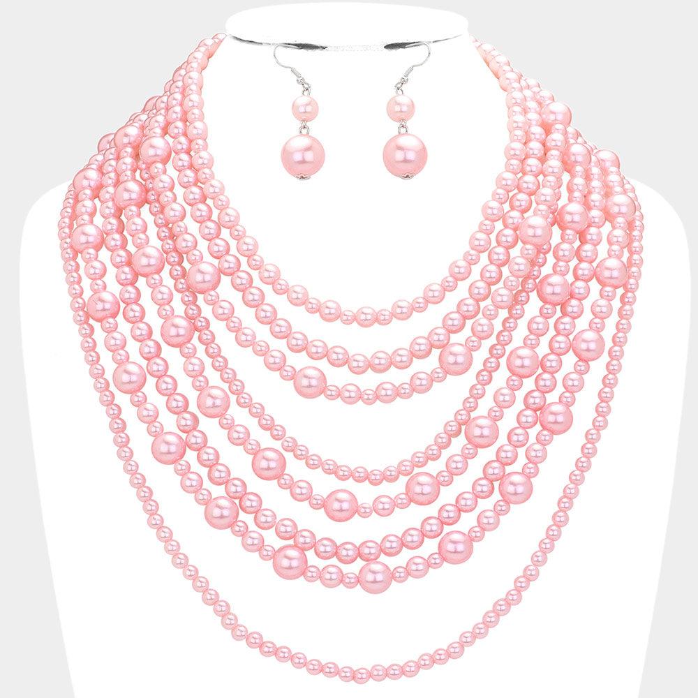 Pink Pearl Multi Strand Bib Necklace