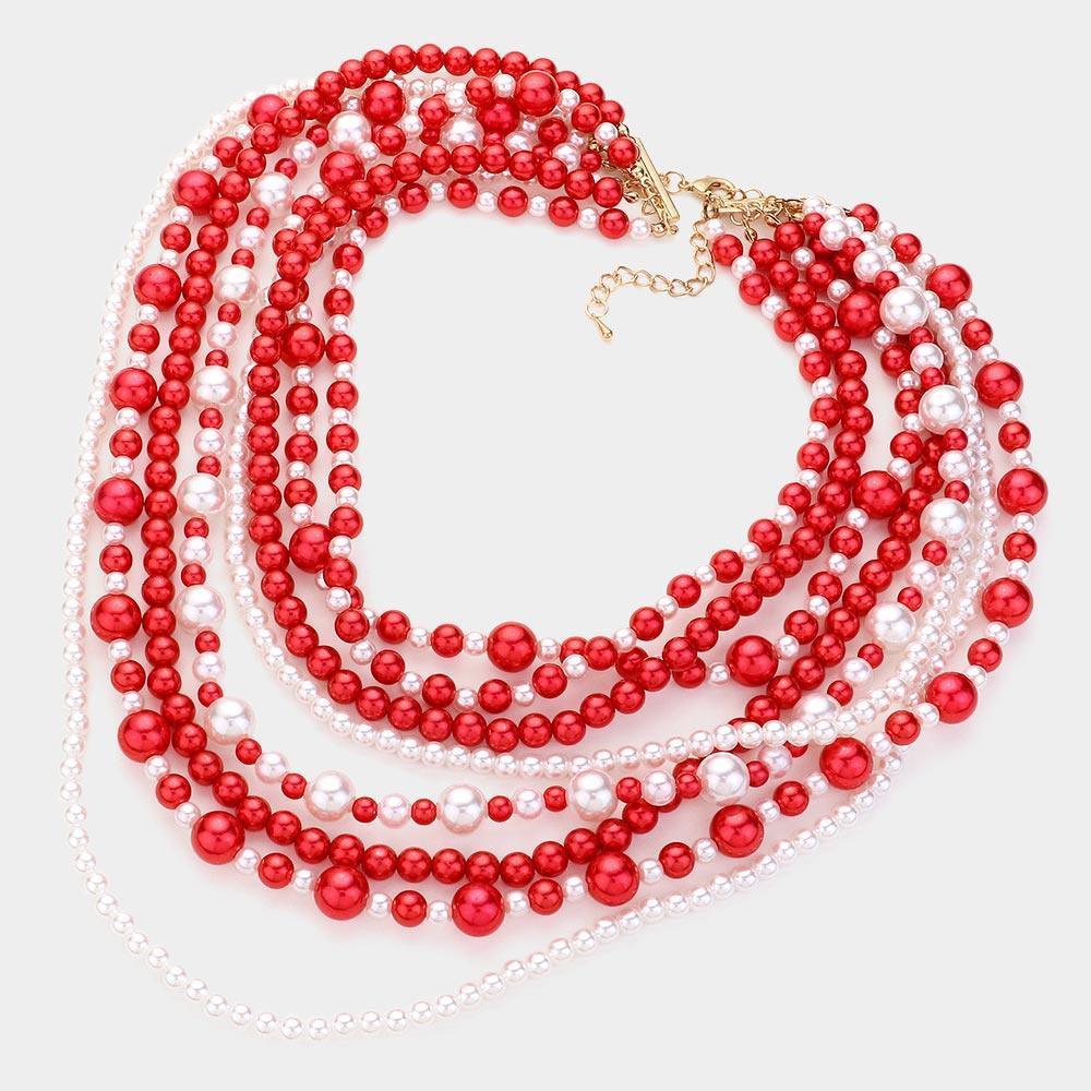 Red Pearl Multi Strand Bib Necklace - Jewelry Store by Erik Rayo