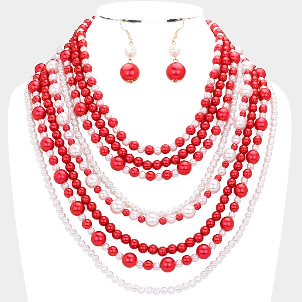 Red Pearl Multi Strand Bib Necklace