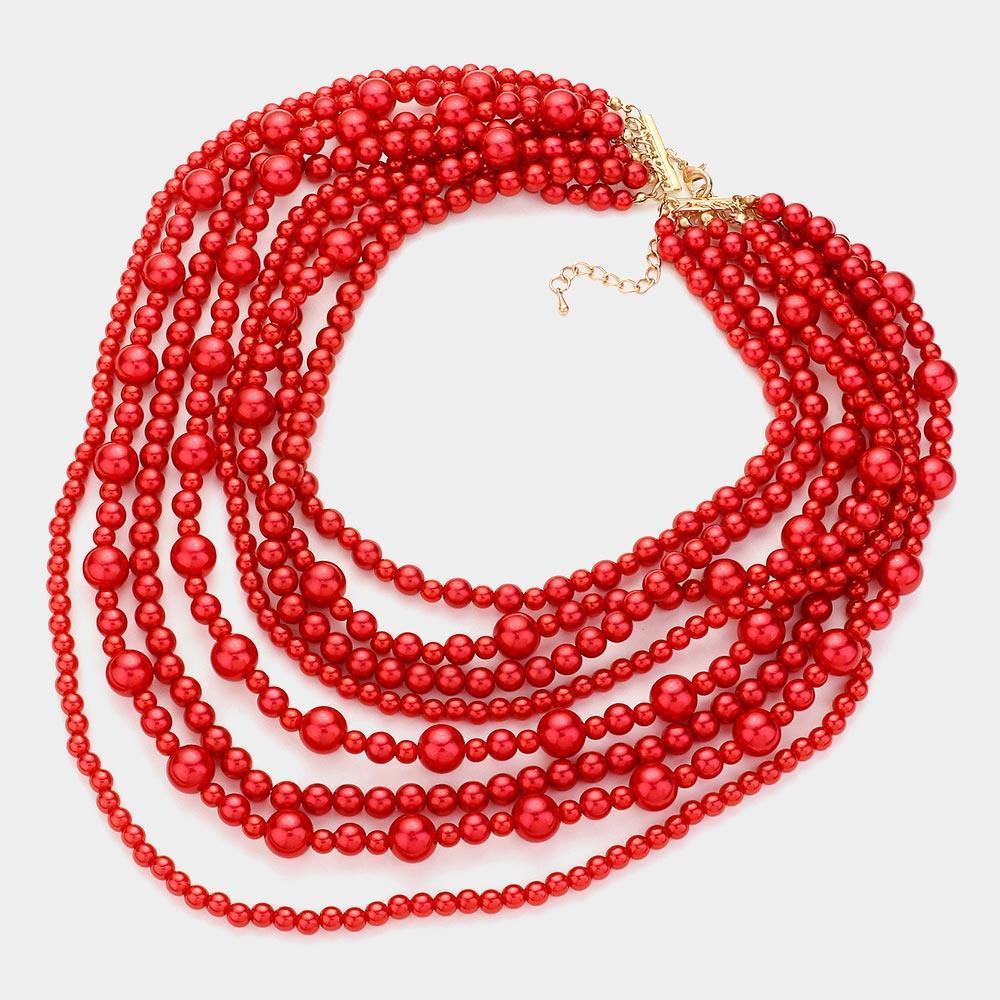 Red Pearl Multi Strand Bib Necklace - Jewelry Store by Erik Rayo