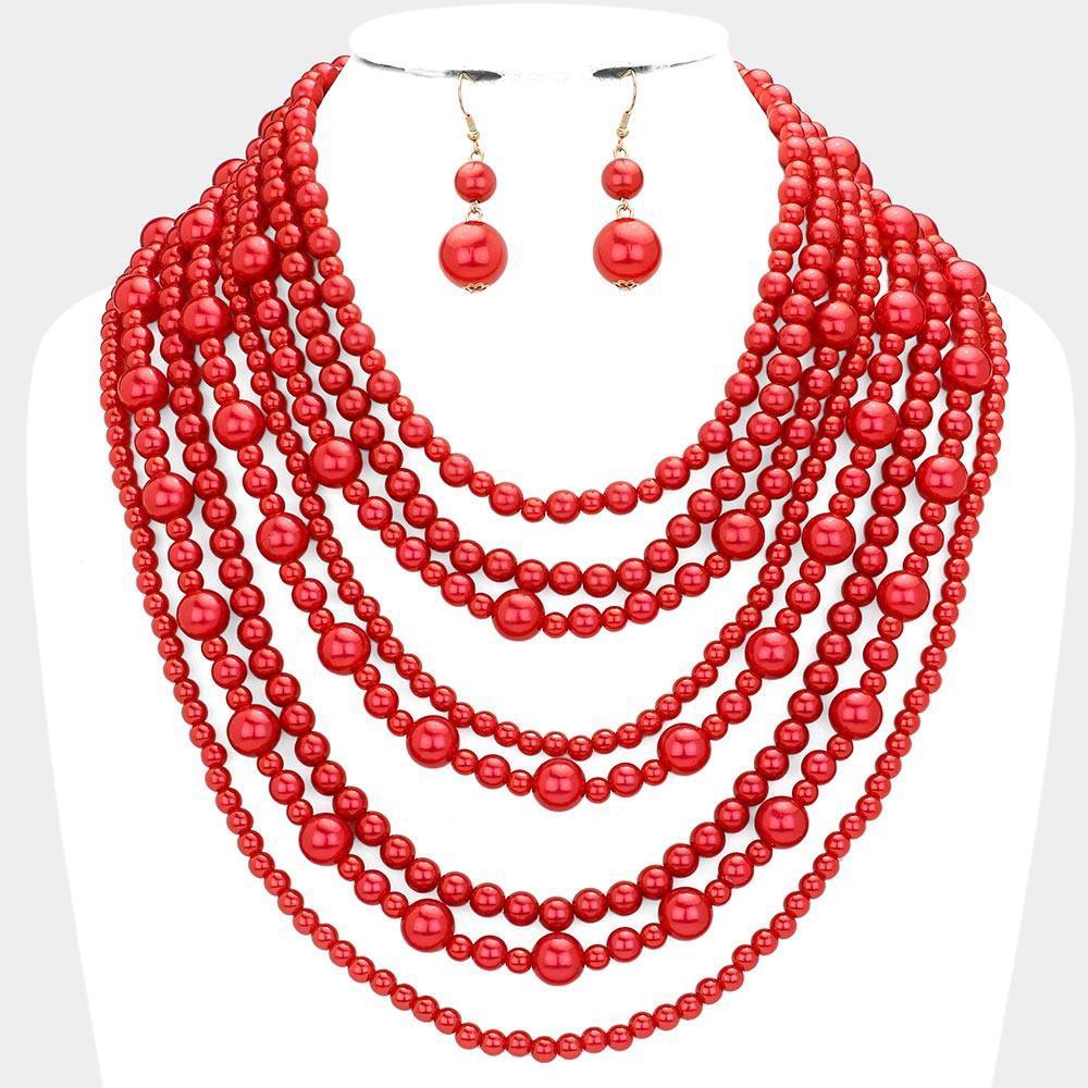 Red Pearl Multi Strand Bib Necklace - Jewelry Store by Erik Rayo