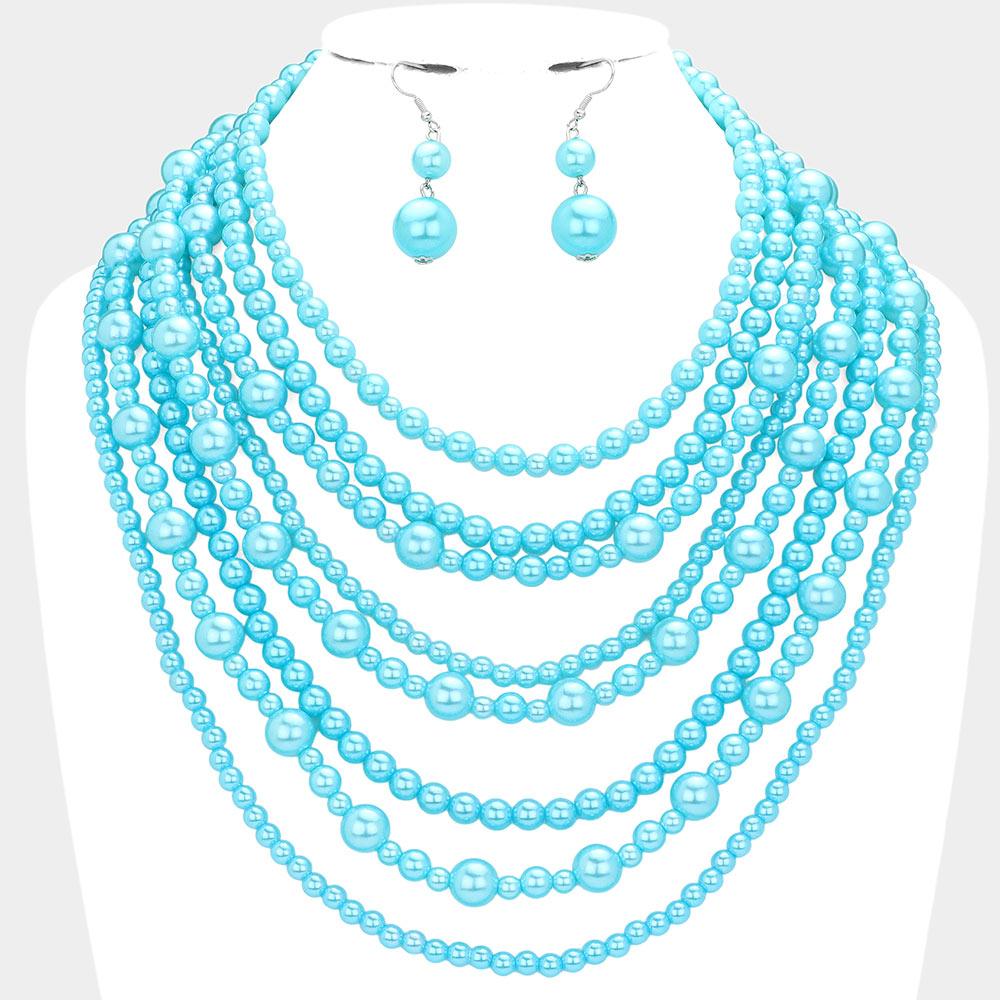 Turquoise Pearl Multi Strand Bib Necklace