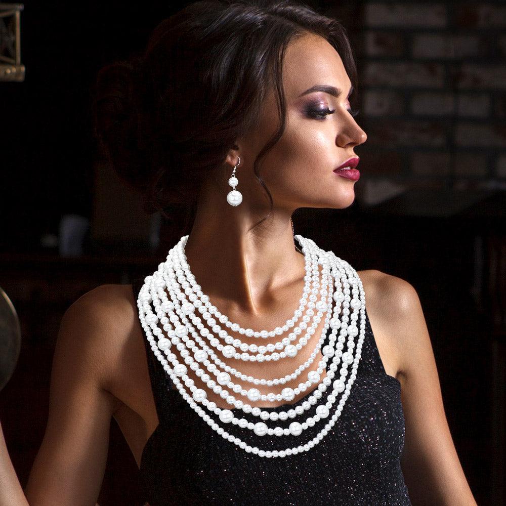 White Pearl Multi Strand Bib Necklace - Jewelry Store by Erik Rayo