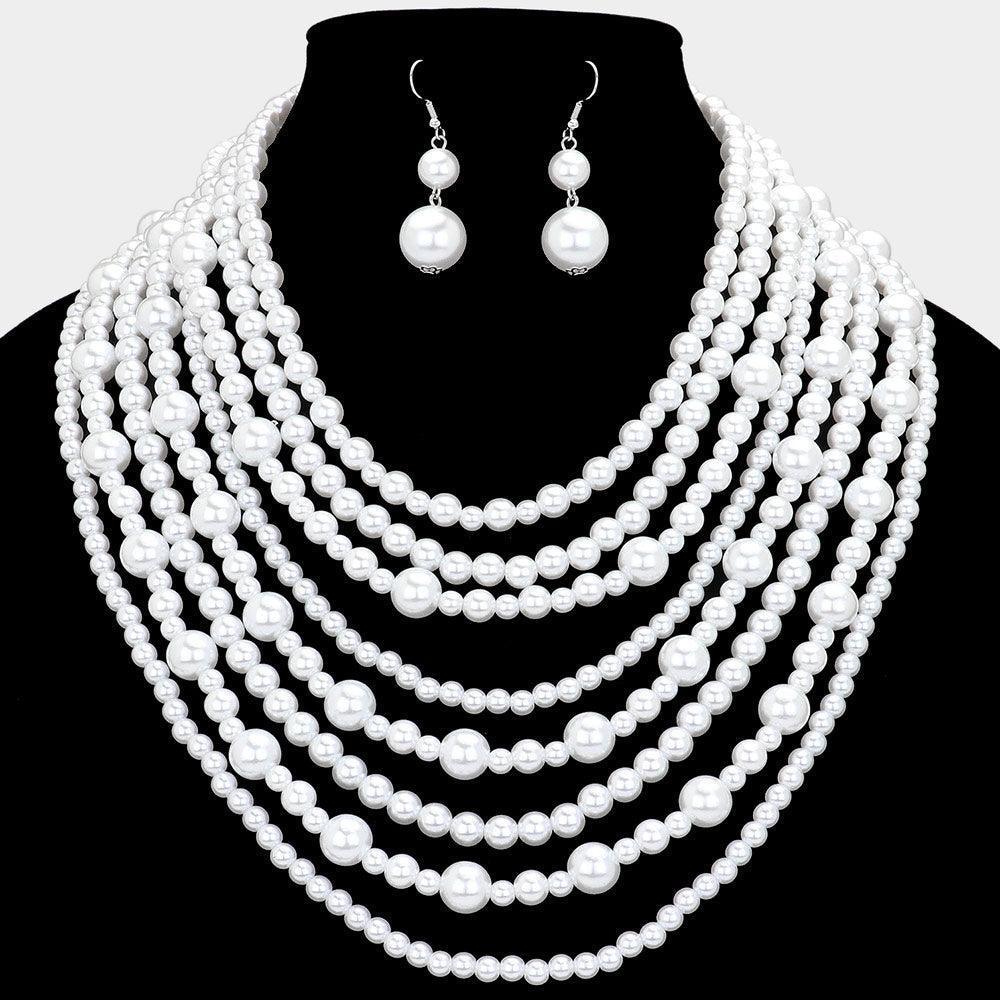 White Pearl Multi Strand Bib Necklace - Jewelry Store by Erik Rayo